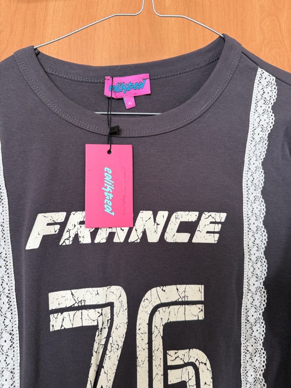 Edikted Graphic 'France 76' Lace-Trim Tee in Charcoal